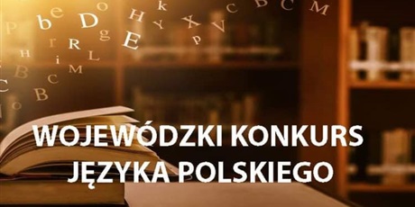 Powiększ grafikę: zdjęcie - regały z książkami, biały napis wojewódzki konkurs języka polskiego