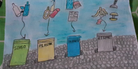 Powiększ grafikę: praca plastyczna - pojemniki do segregacji odpadów z narysowanymi przykładowymi odpadami
