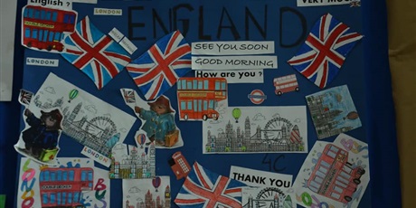 Powiększ grafikę: plakat Anglia - rysunki, flagi państwa, słowa angielskie