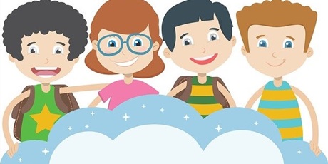 Powiększ grafikę: rysunek - czwórka uśmiechniętych dzieci za błękitną chmurką