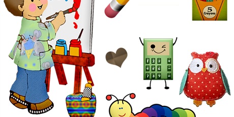 Powiększ grafikę: grafika świetlica - dziecko przy sztaludze, ołówek, kredki, kalkulator, piłka, stonoga, sowa